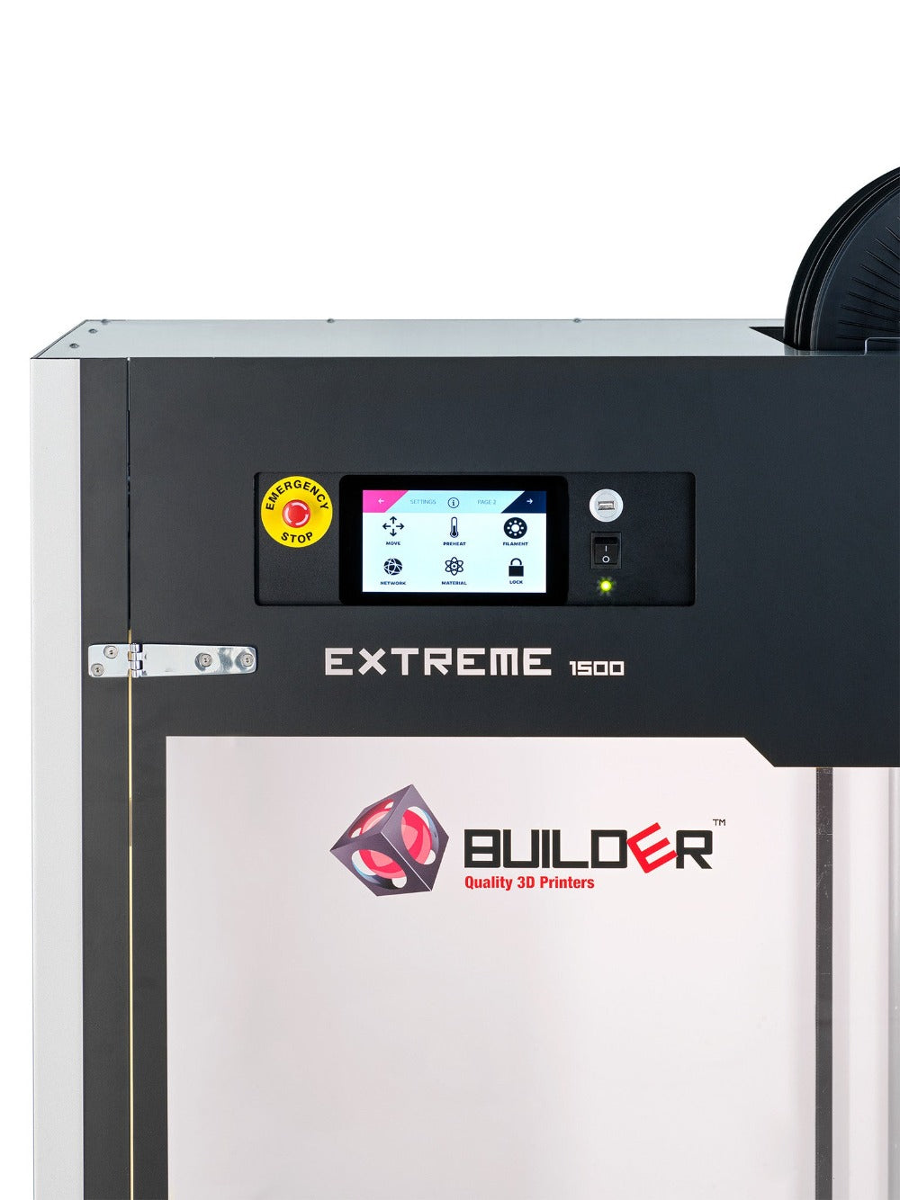 Builder extreme 1500 PRO 3D Printer. Het printvolume van de Extreme 1500 PRO is 1100x500x820 mm (XYZ). De ingebouwde transportwielen maken het gemakkelijk om de printer naar een andere afdeling te verplaatsen of om hem naar de kleinste kantoorhoeken te manoeuvreren.